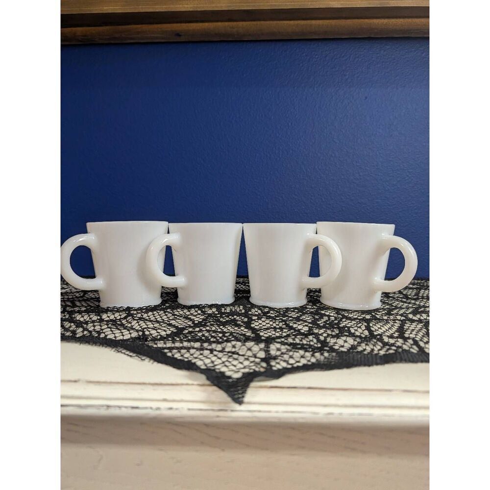 Hazel Atlas Milk Glass C Handle Diner Mugs White H A Mark Set of 4 1950s MCM